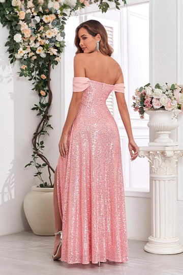 Pink A Line Off the Shoulder Pailletter Lang Gallakjole med Slids